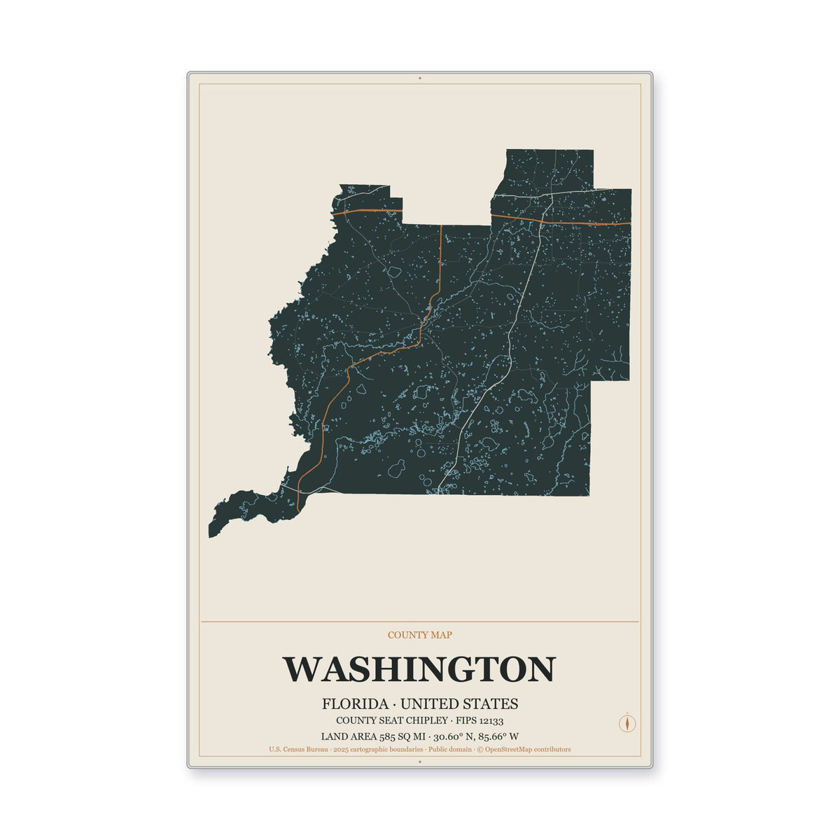 Washington County, Florida Map Aluminum Sign in Headline Atlas style