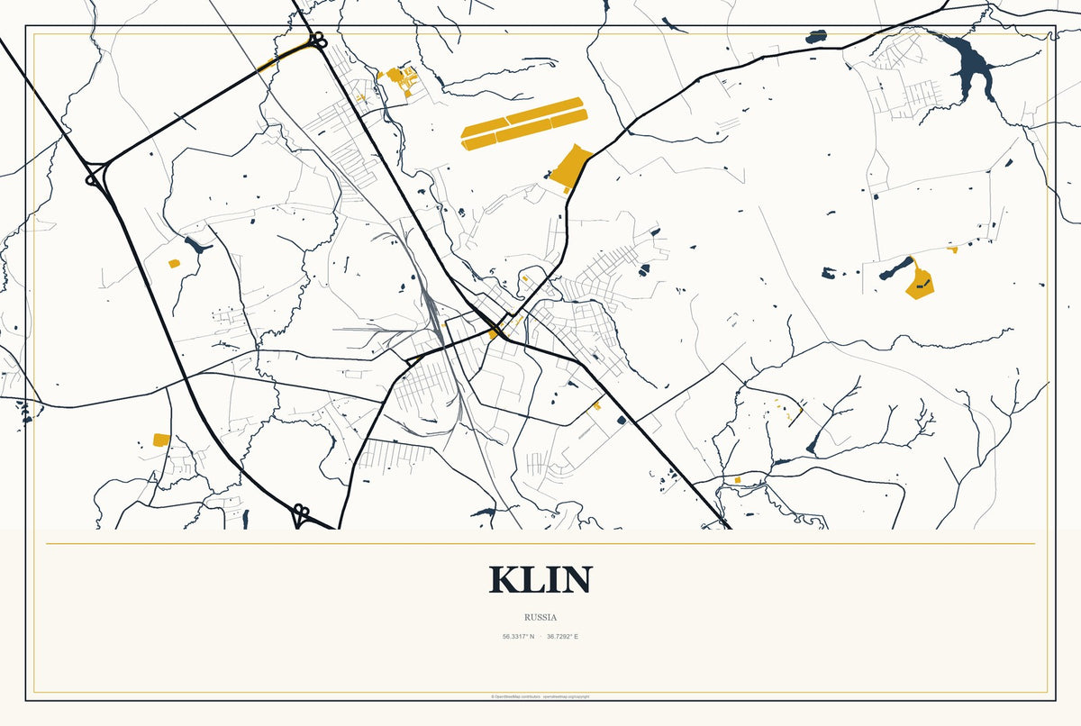 Klin, Russia City Map Aluminum Sign in Citrine Modern style