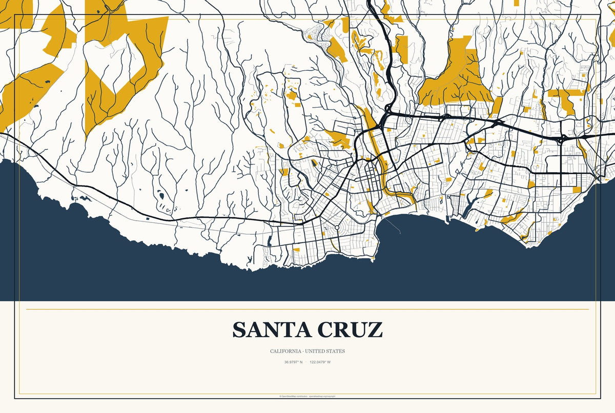 Santa Cruz, California City Map Aluminum Sign in Citrine Modern style