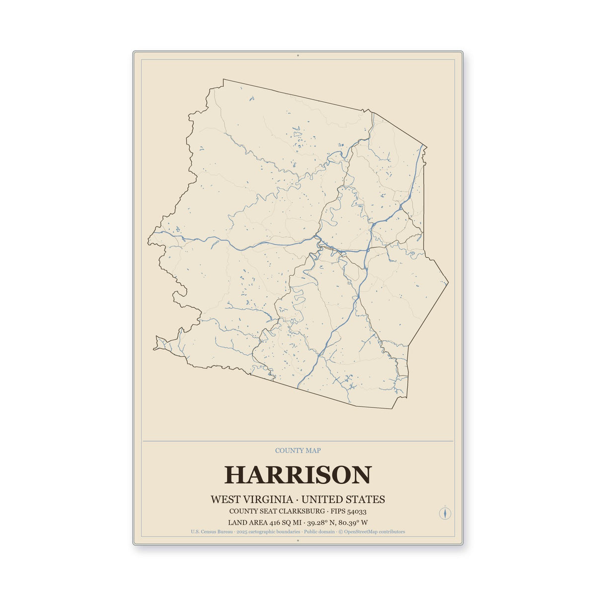 Harrison County, West Virginia Map Aluminum Sign in Heritage Nautical style