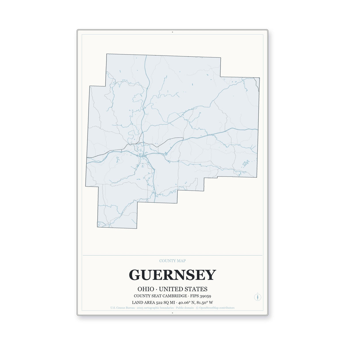 Guernsey County, Ohio Map Aluminum Sign in Gallery Air style