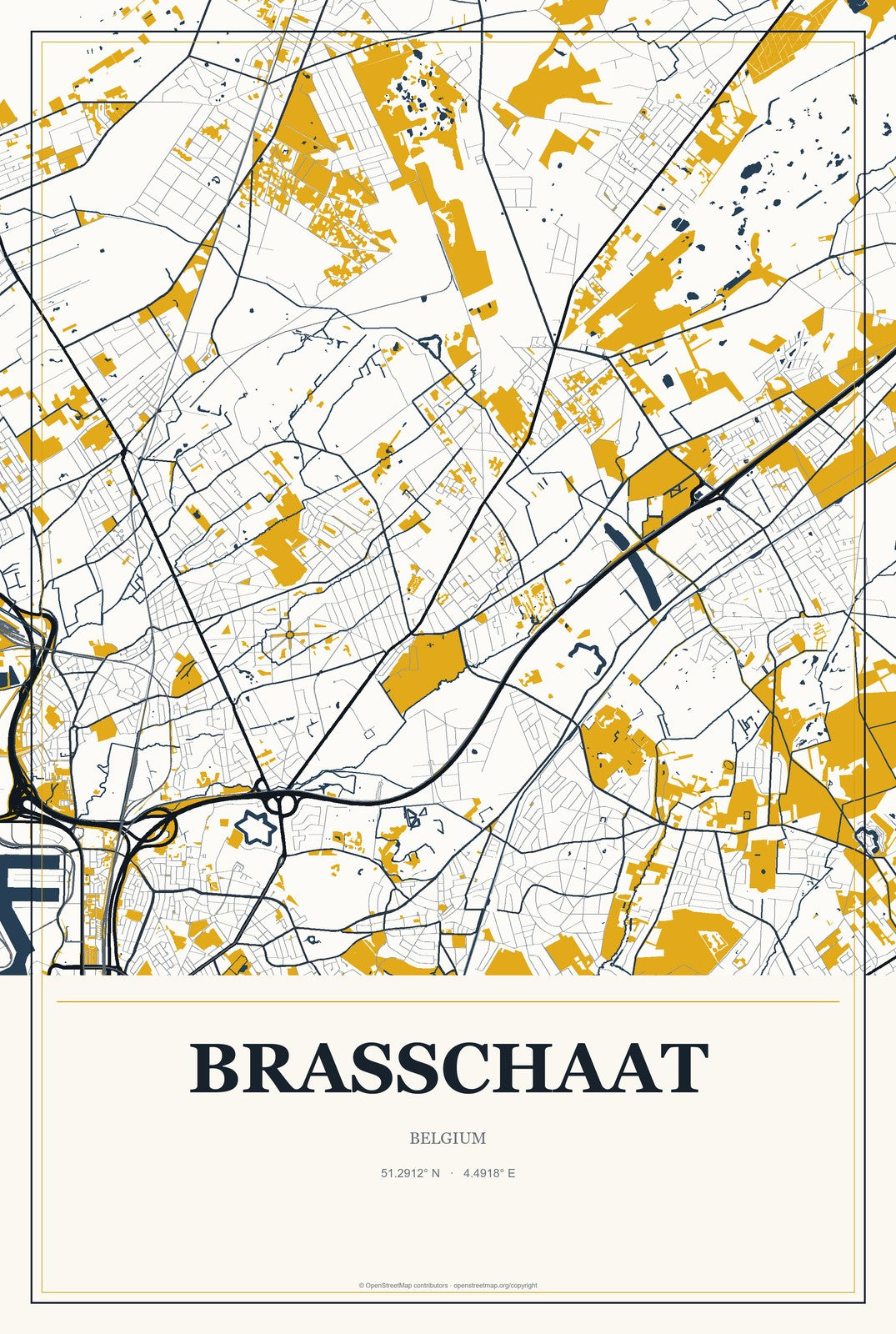 Brasschaat, Belgium City Map Aluminum Sign in Citrine Modern style
