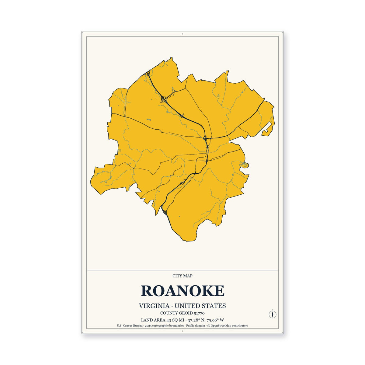 Roanoke city, Virginia Map Aluminum Sign in Citrine Modern style