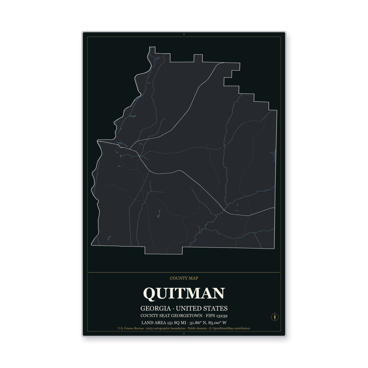 Quitman County, Georgia Map Aluminum Sign in Metropolitan Noir style