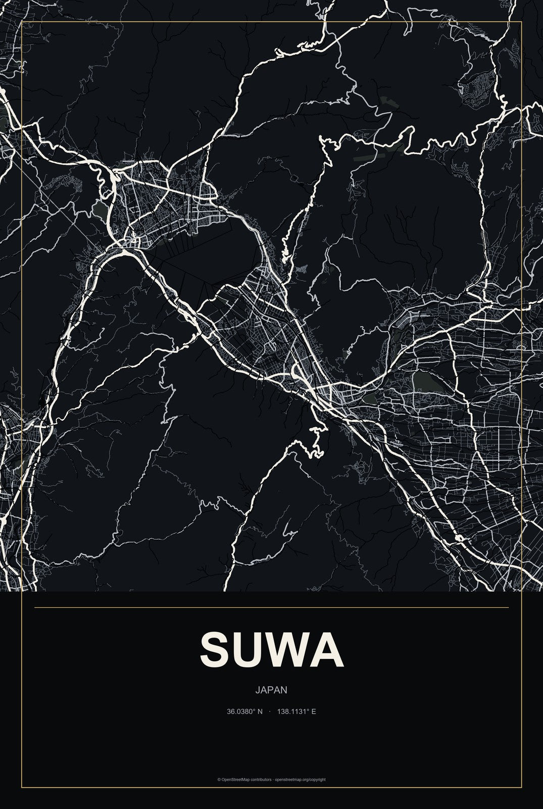 Suwa, Japan City Map Aluminum Sign in Metropolitan Noir style
