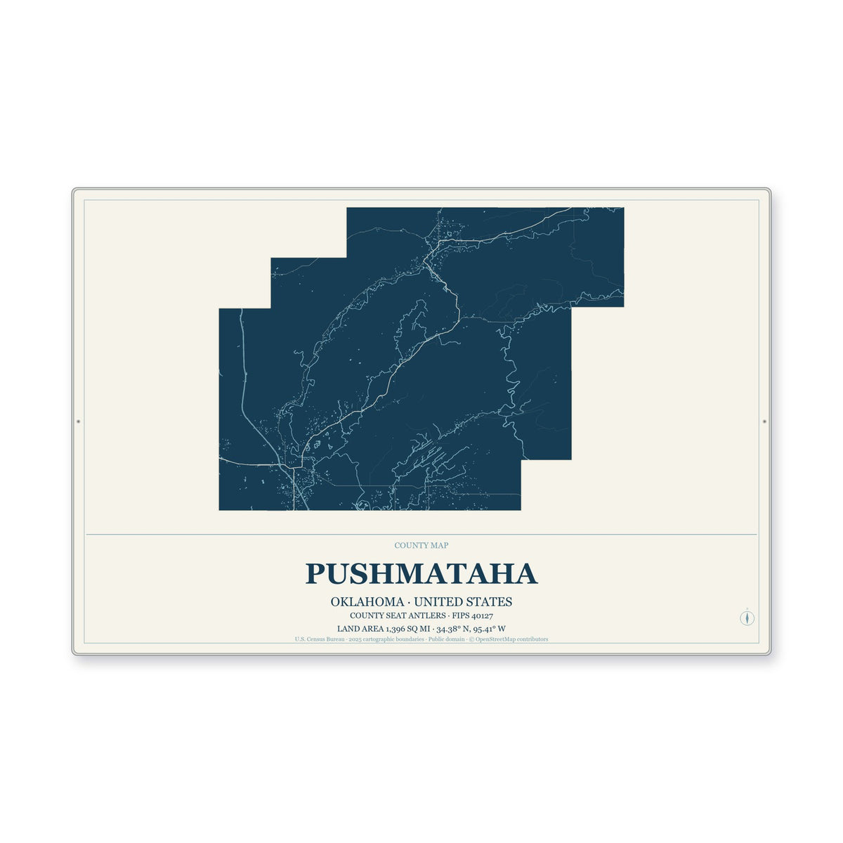 Pushmataha County, Oklahoma Map Aluminum Sign in Coastal Cutout style