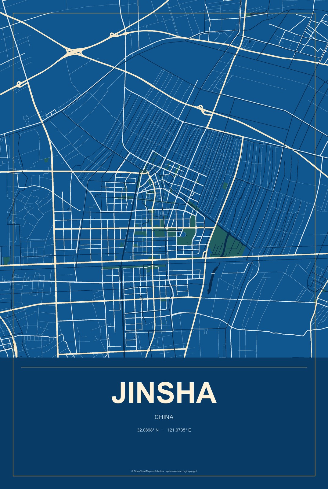 Jinsha, China City Map Aluminum Sign in Harbor Cobalt style
