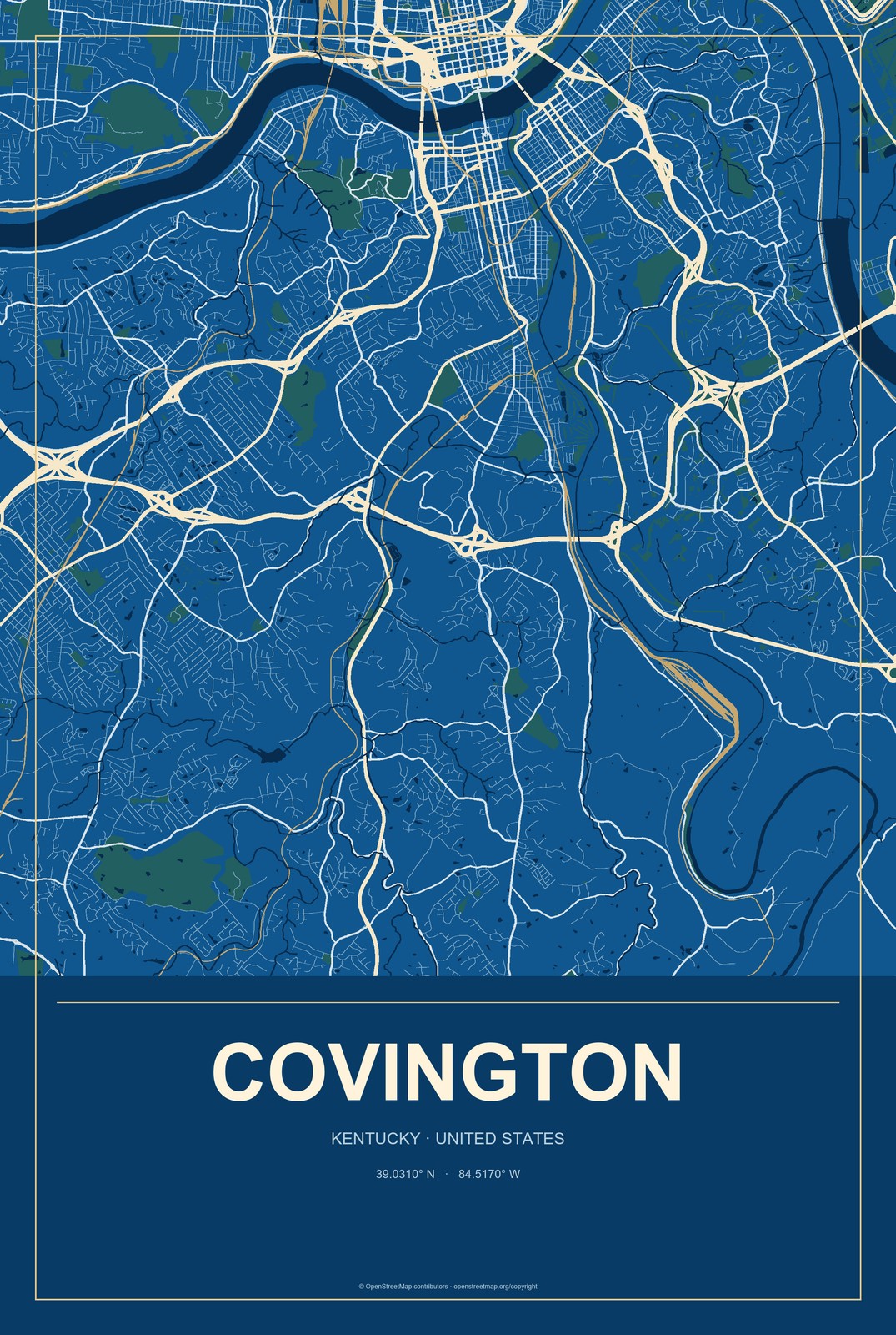 Covington, Kentucky City Map Aluminum Sign in Harbor Cobalt style