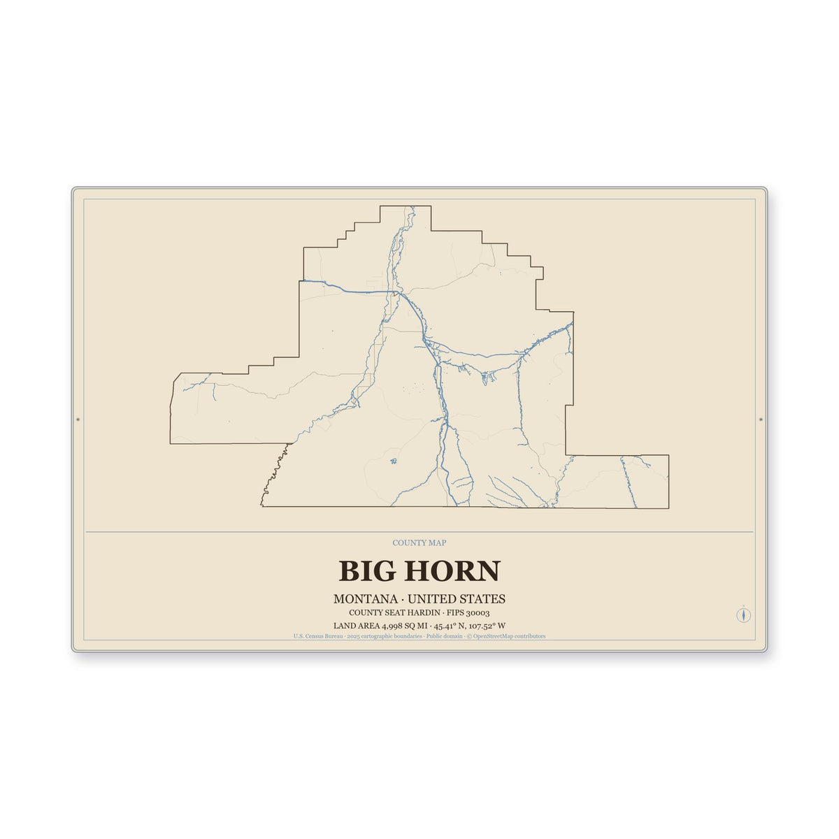 Big Horn County, Montana Map Aluminum Sign in Heritage Nautical style