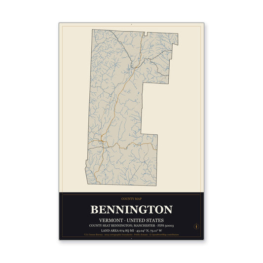 Bennington County, Vermont Map Aluminum Sign in Museum Plaque style