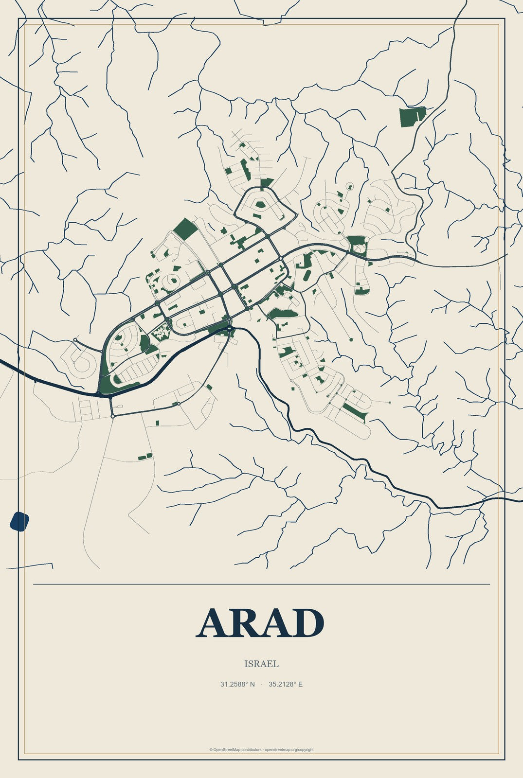 Arad, Israel City Map Aluminum Sign in Coastal Cutout style