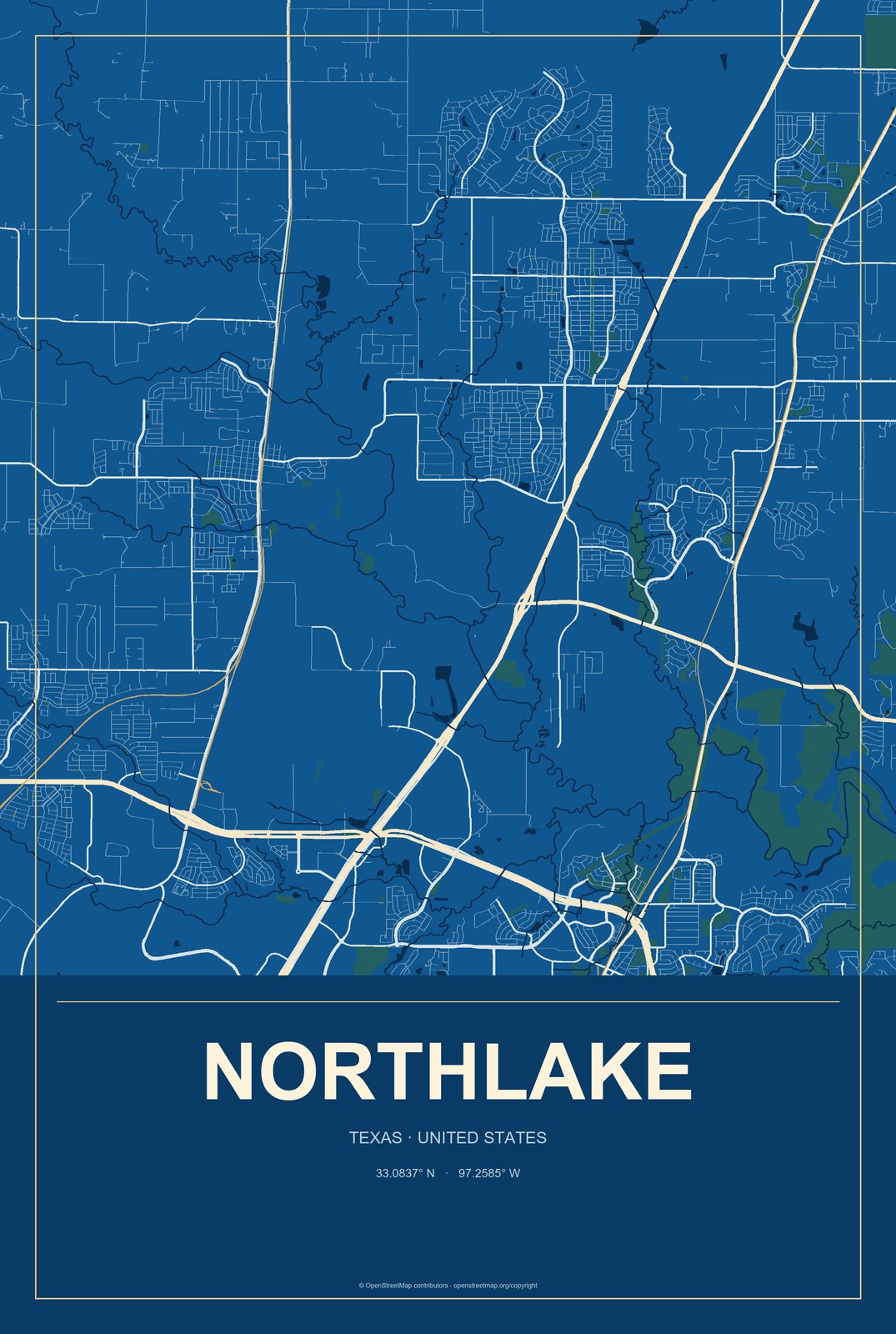 Northlake, Texas City Map Aluminum Sign in Harbor Cobalt style