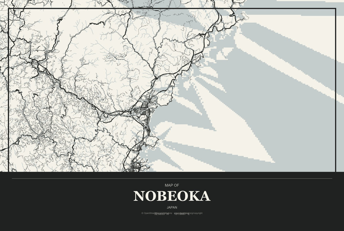 Nobeoka, Japan City Map Aluminum Sign in Museum Plaque style