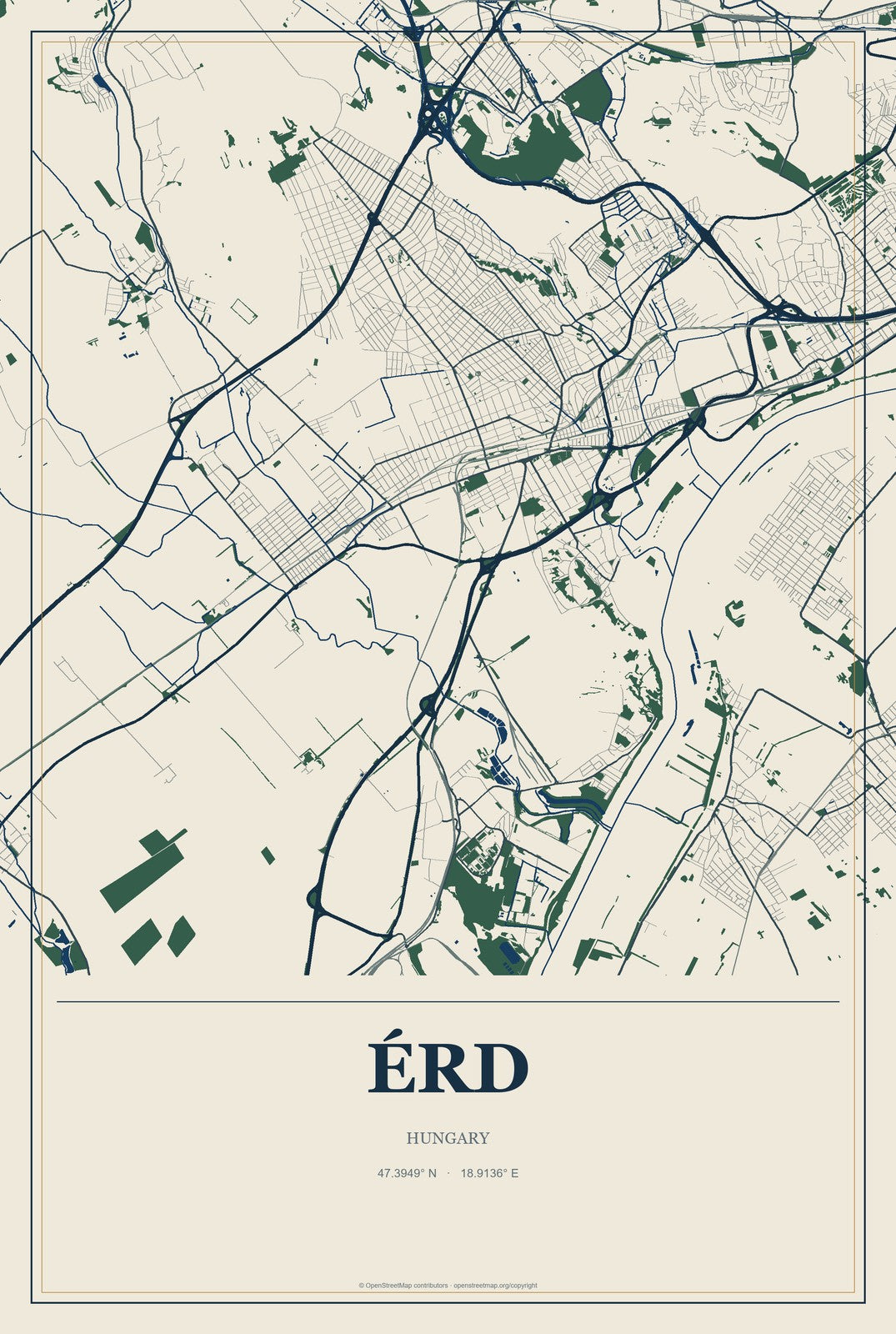 Érd, Hungary City Map Aluminum Sign in Coastal Cutout style