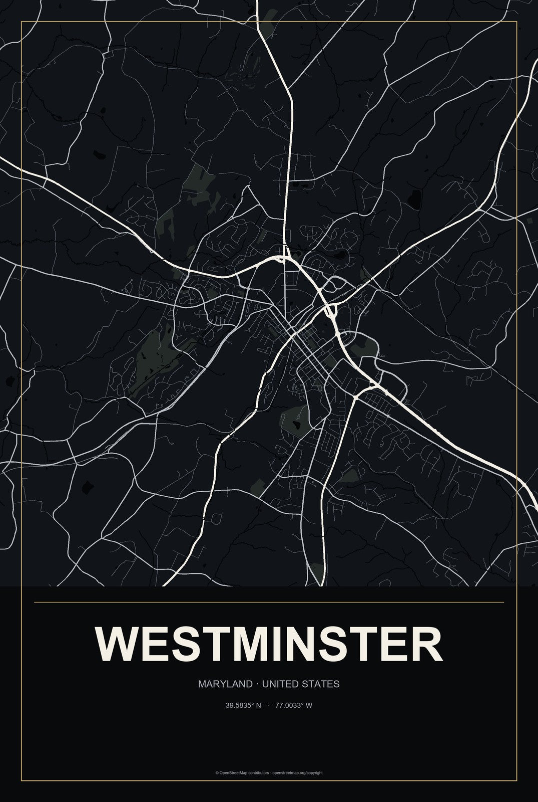 Westminster, Maryland City Map Aluminum Sign in Metropolitan Noir style
