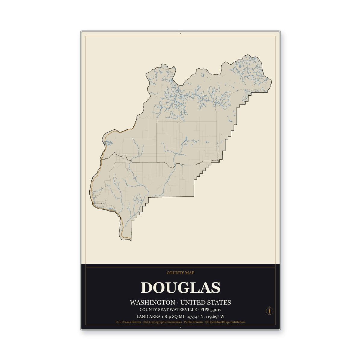 Douglas County, Washington Map Aluminum Sign in Museum Plaque style
