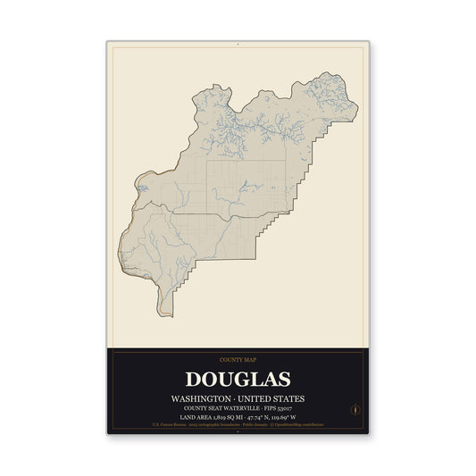 Douglas County, Washington Map Aluminum Sign in Museum Plaque style