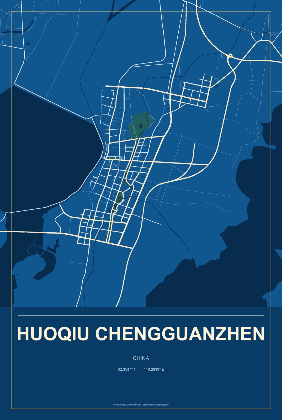Huoqiu Chengguanzhen, China City Map Aluminum Sign in Harbor Cobalt style