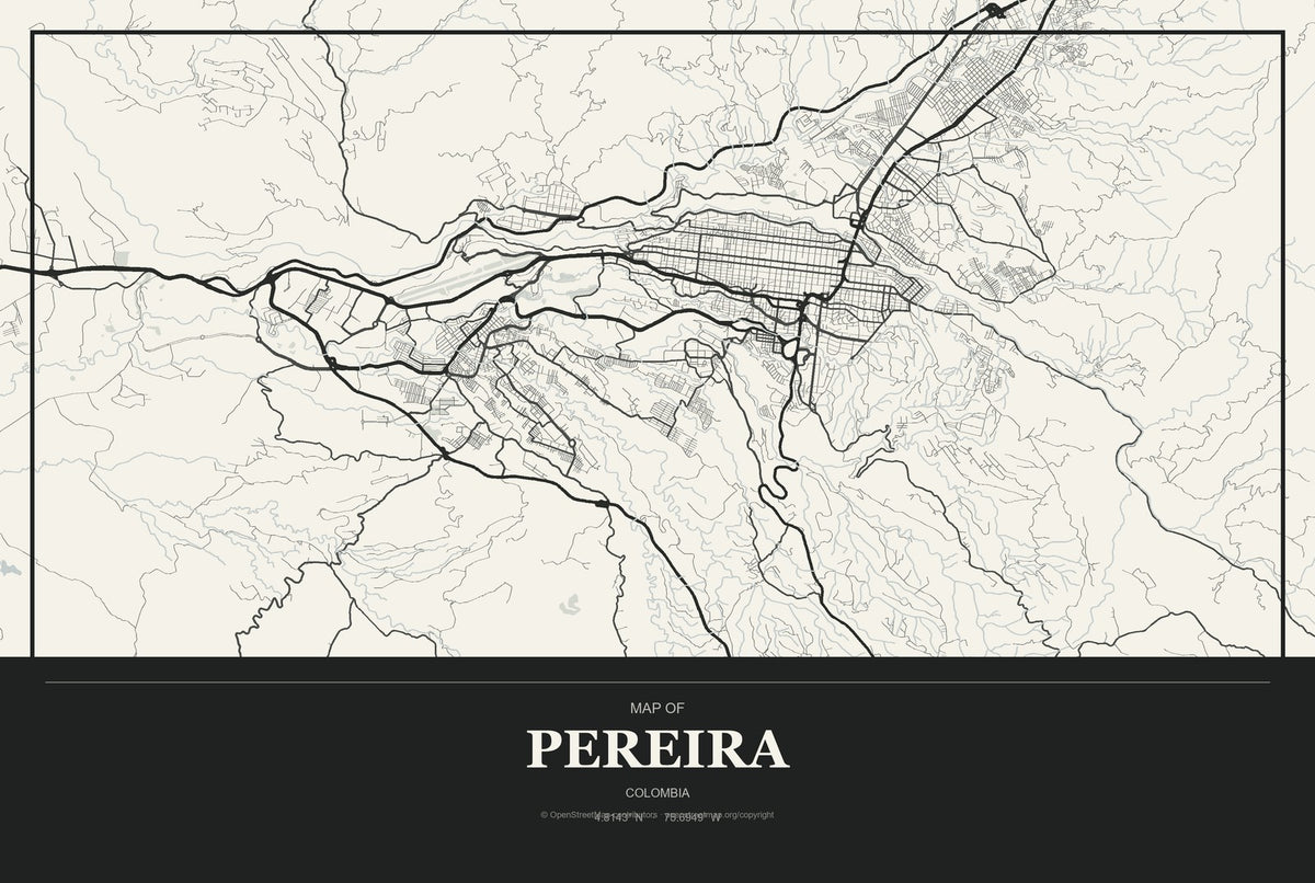Pereira, Colombia City Map Aluminum Sign in Museum Plaque style