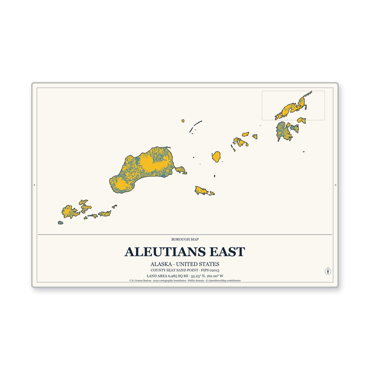 Aleutians East Borough, Alaska Map Aluminum Sign in Citrine Modern style