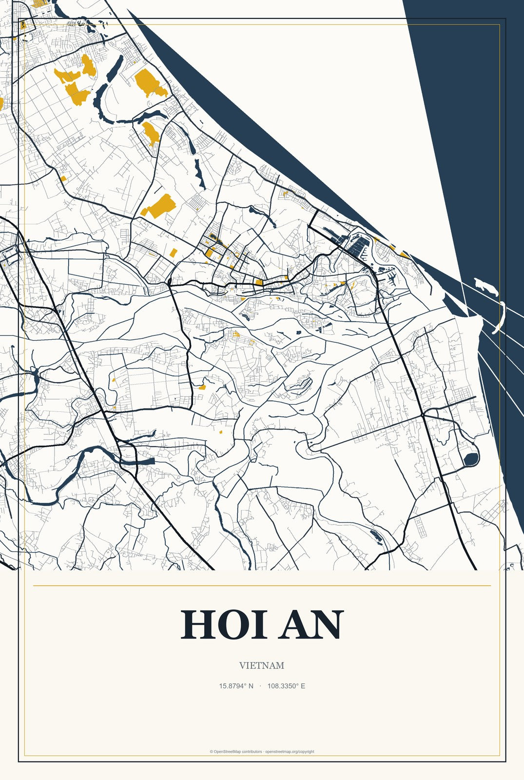Hoi An, Vietnam City Map Aluminum Sign in Citrine Modern style