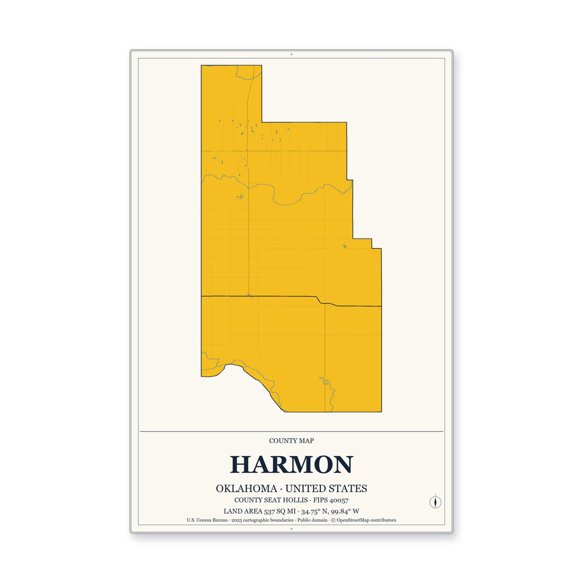 Harmon County, Oklahoma Map Aluminum Sign in Citrine Modern style