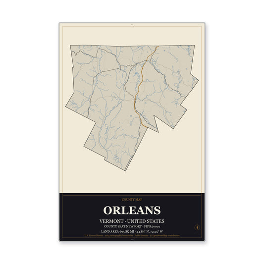 Orleans County, Vermont Map Aluminum Sign in Museum Plaque style