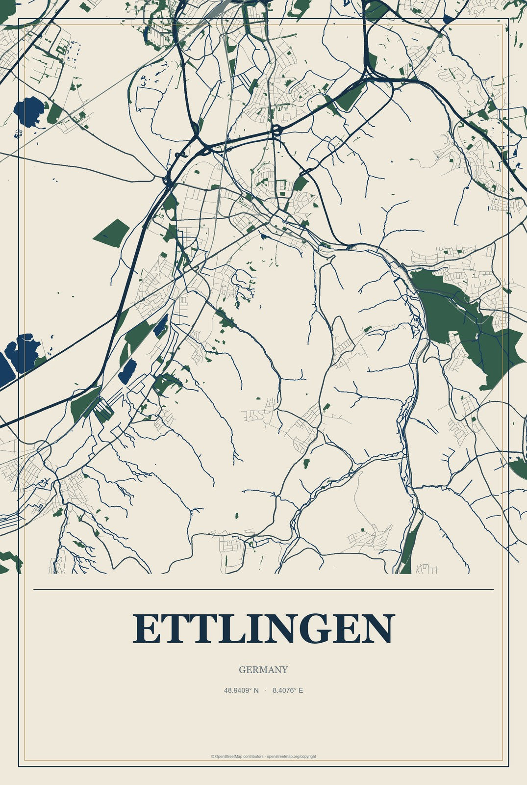 Ettlingen, Germany City Map Aluminum Sign in Coastal Cutout style