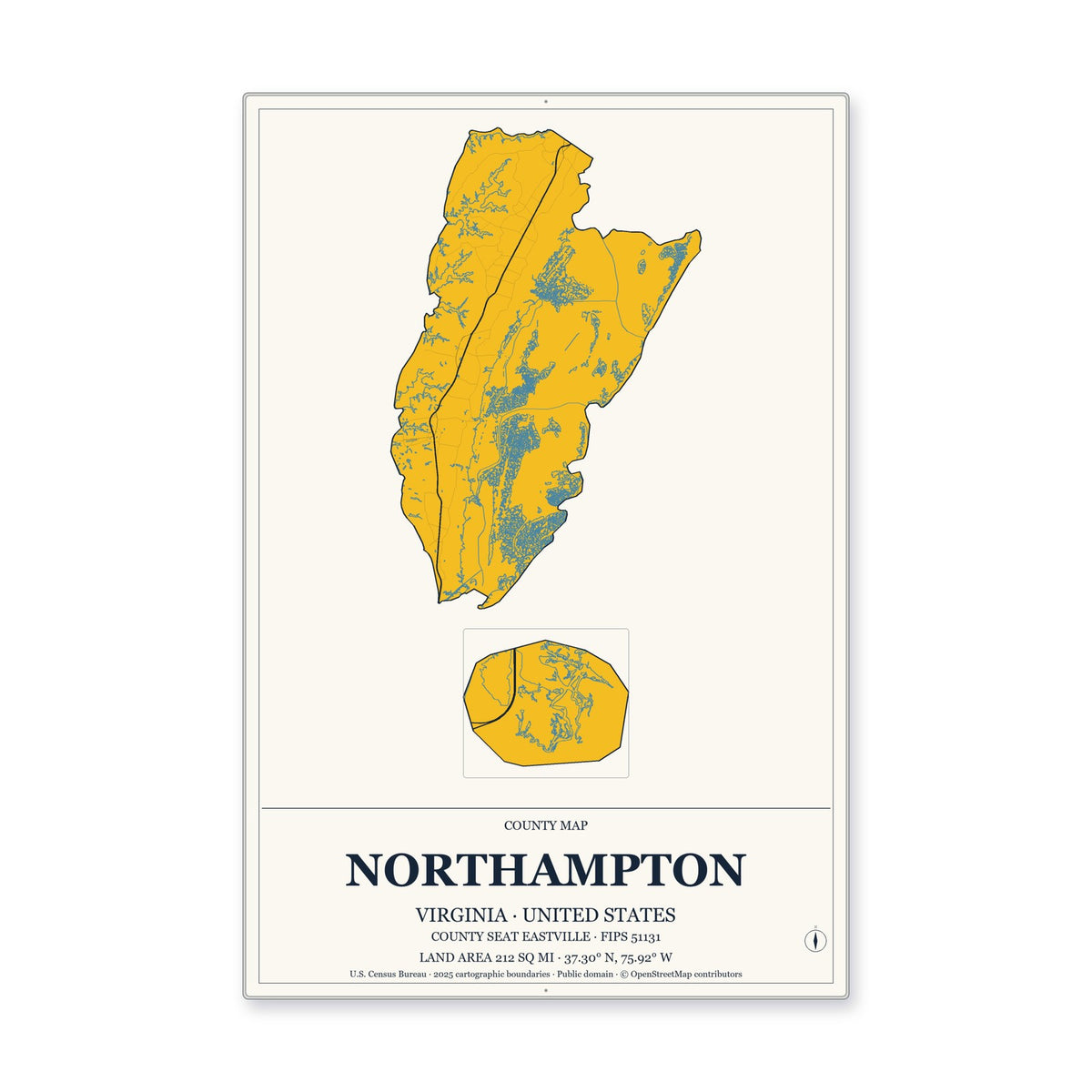 Northampton County, Virginia Map Aluminum Sign in Citrine Modern style