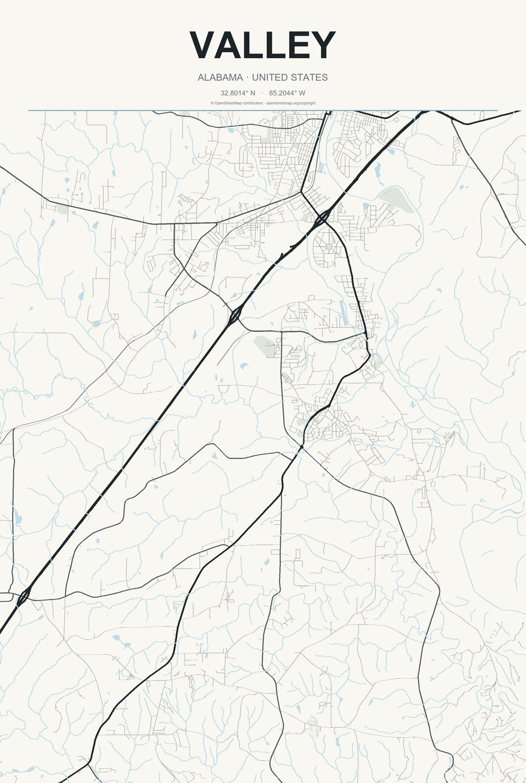 Valley, Alabama City Map Aluminum Sign in Headline Atlas style