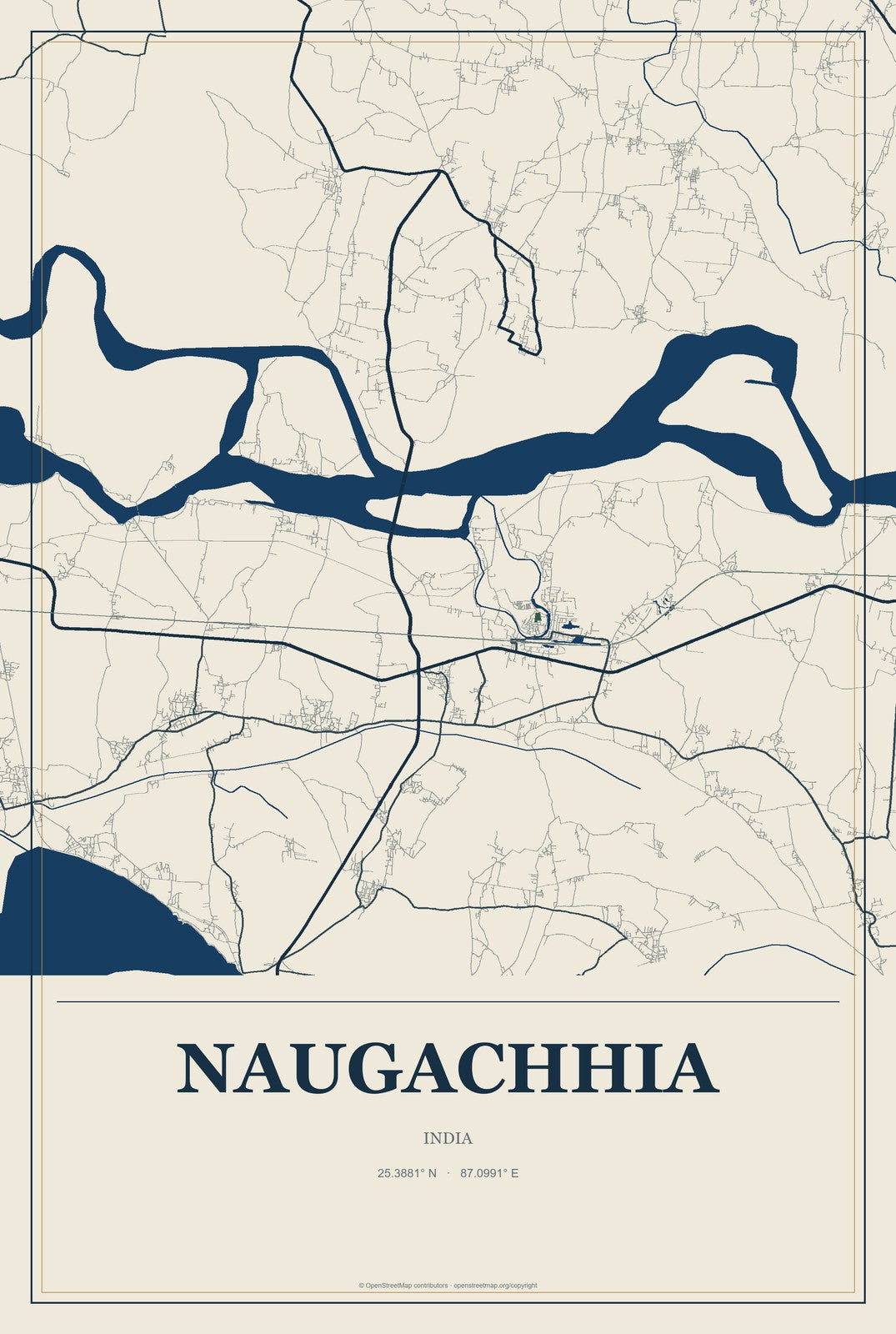 Naugachhia, India City Map Aluminum Sign in Coastal Cutout style