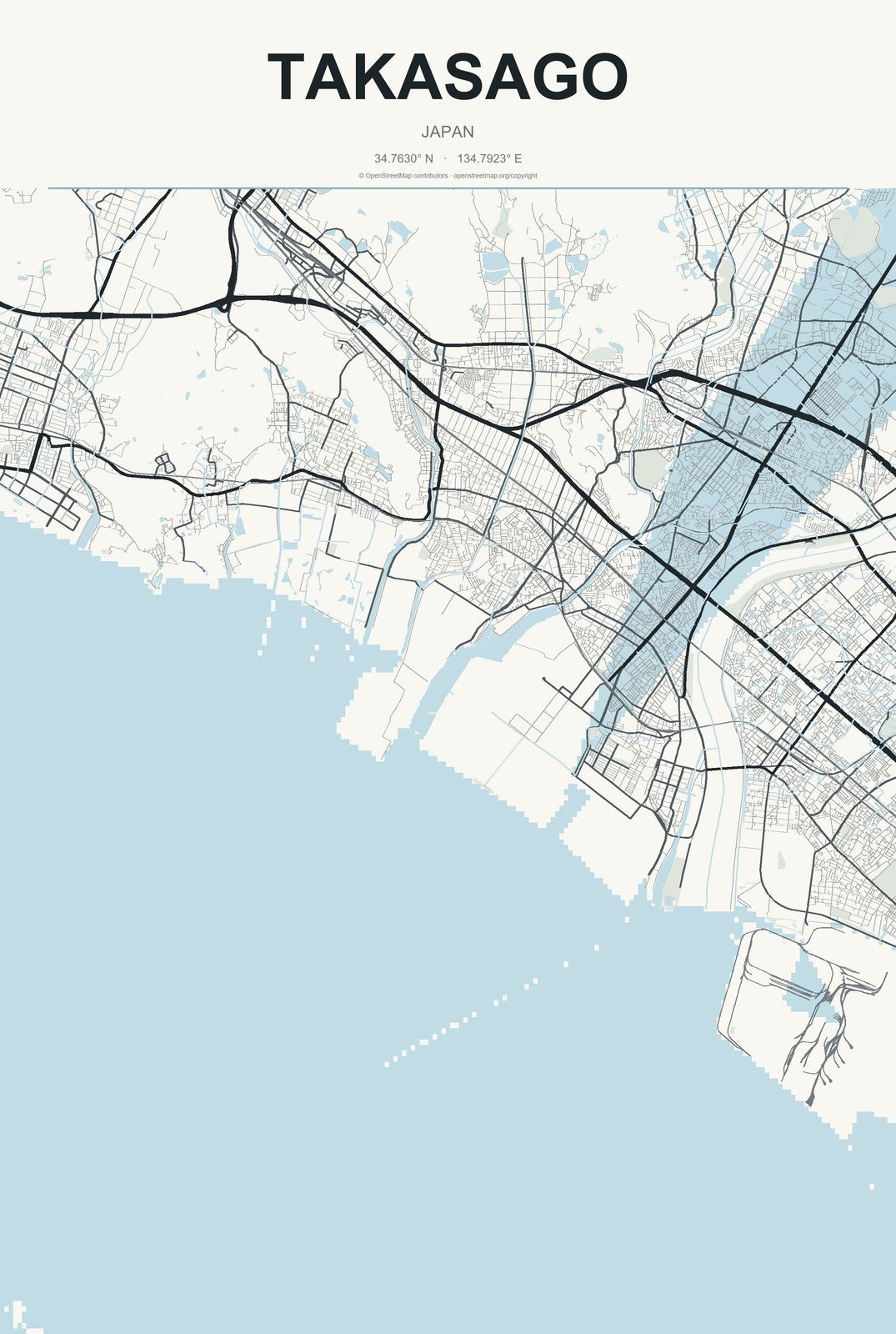 Takasago, Japan City Map Aluminum Sign in Headline Atlas style