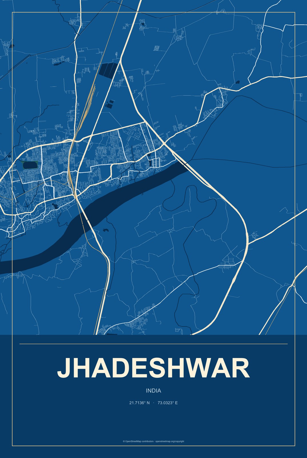 Jhadeshwar, India City Map Aluminum Sign in Harbor Cobalt style