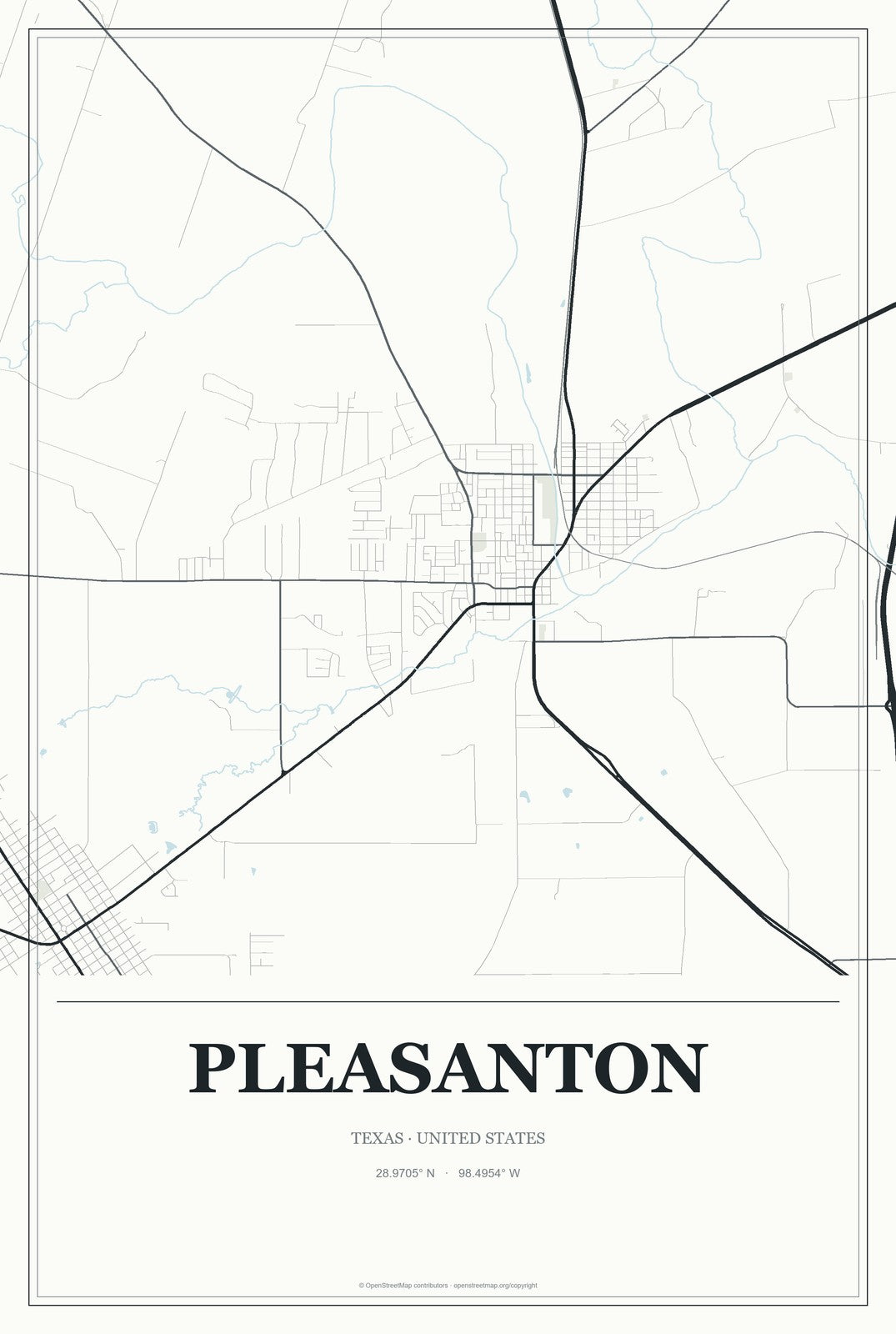 Pleasanton, Texas City Map Aluminum Sign in Gallery Air style