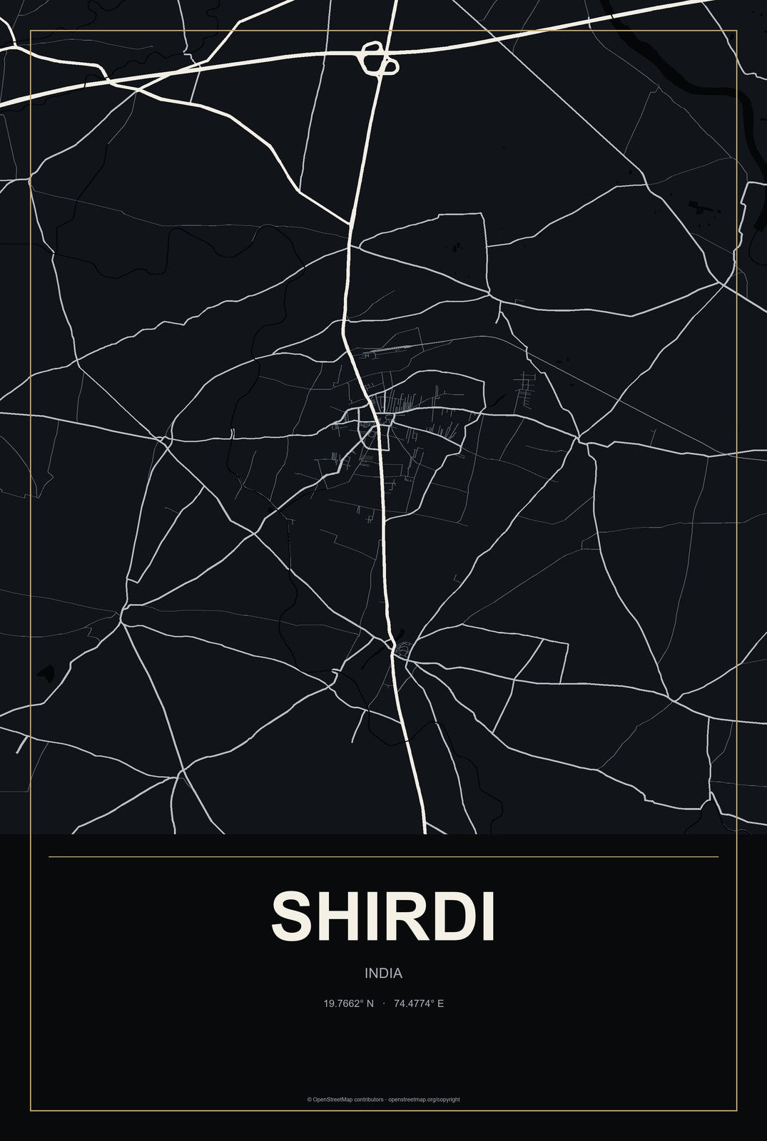 Shirdi, India City Map Aluminum Sign in Metropolitan Noir style