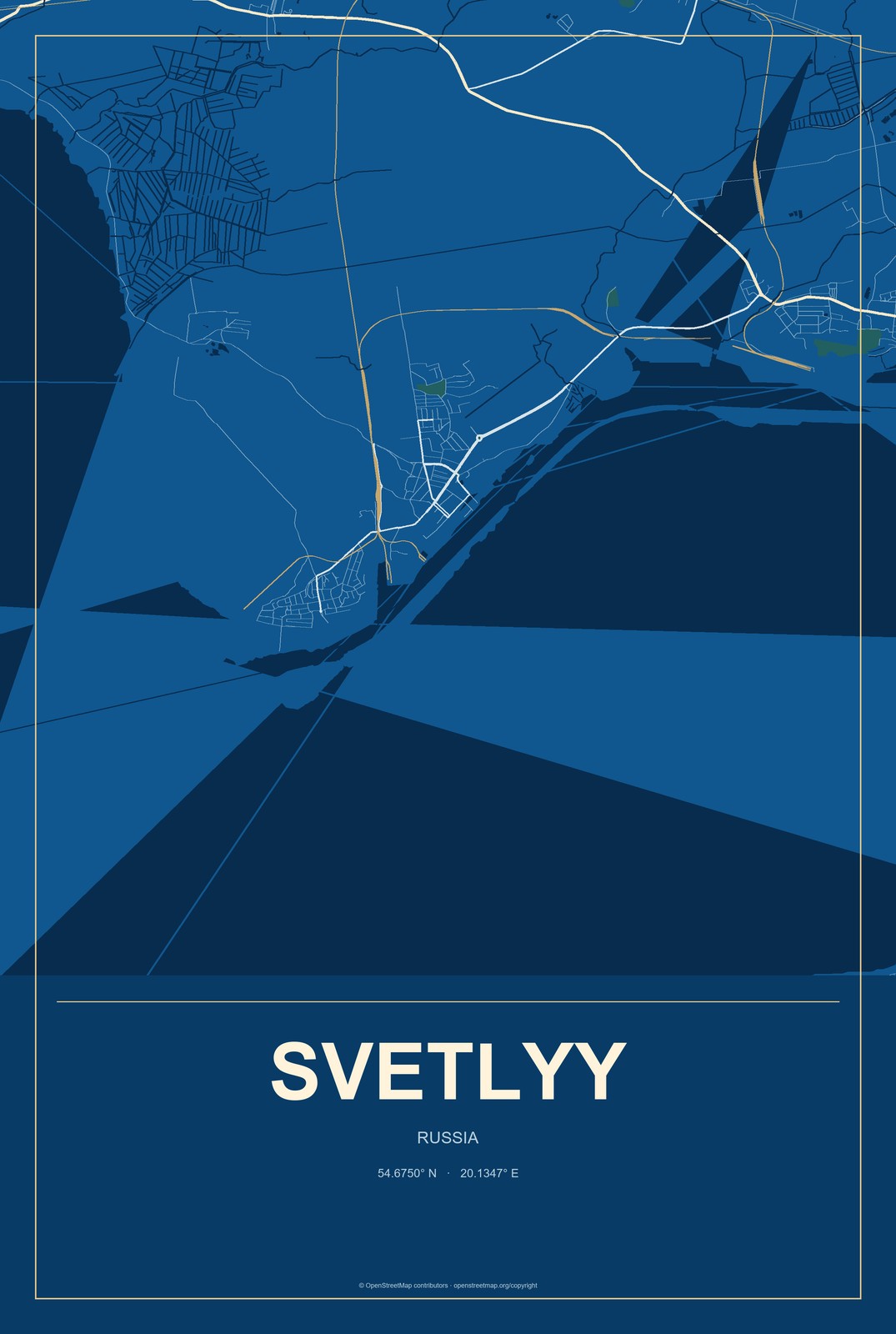 Svetlyy, Kaliningrad Oblast, Russia City Map Aluminum Sign in Harbor Cobalt style