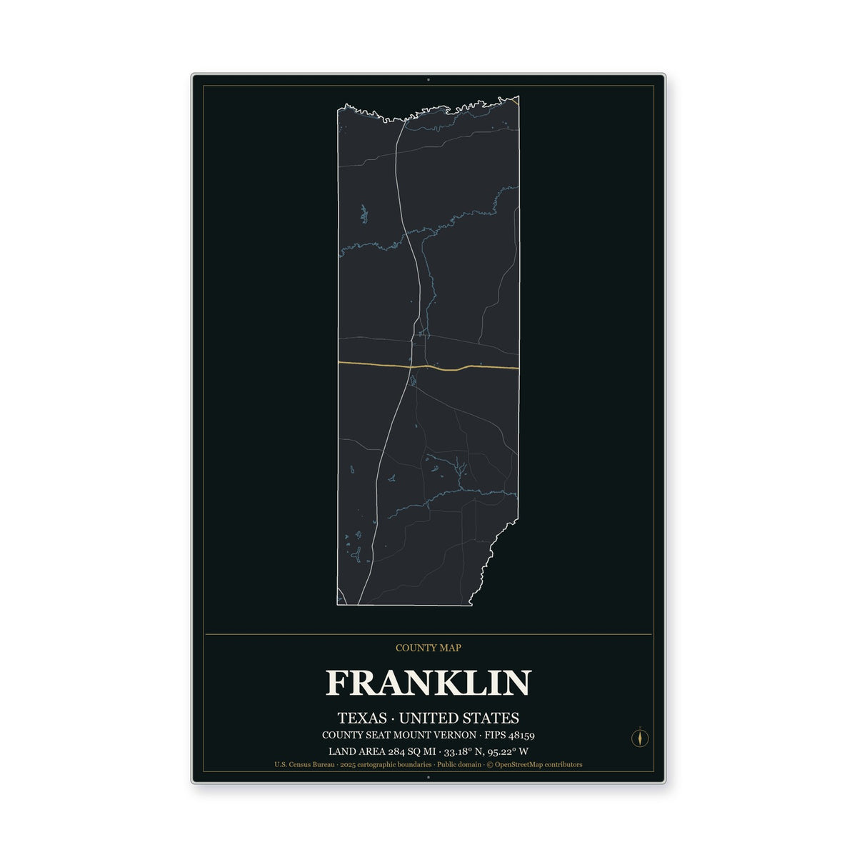 Franklin County, Texas Map Aluminum Sign in Metropolitan Noir style
