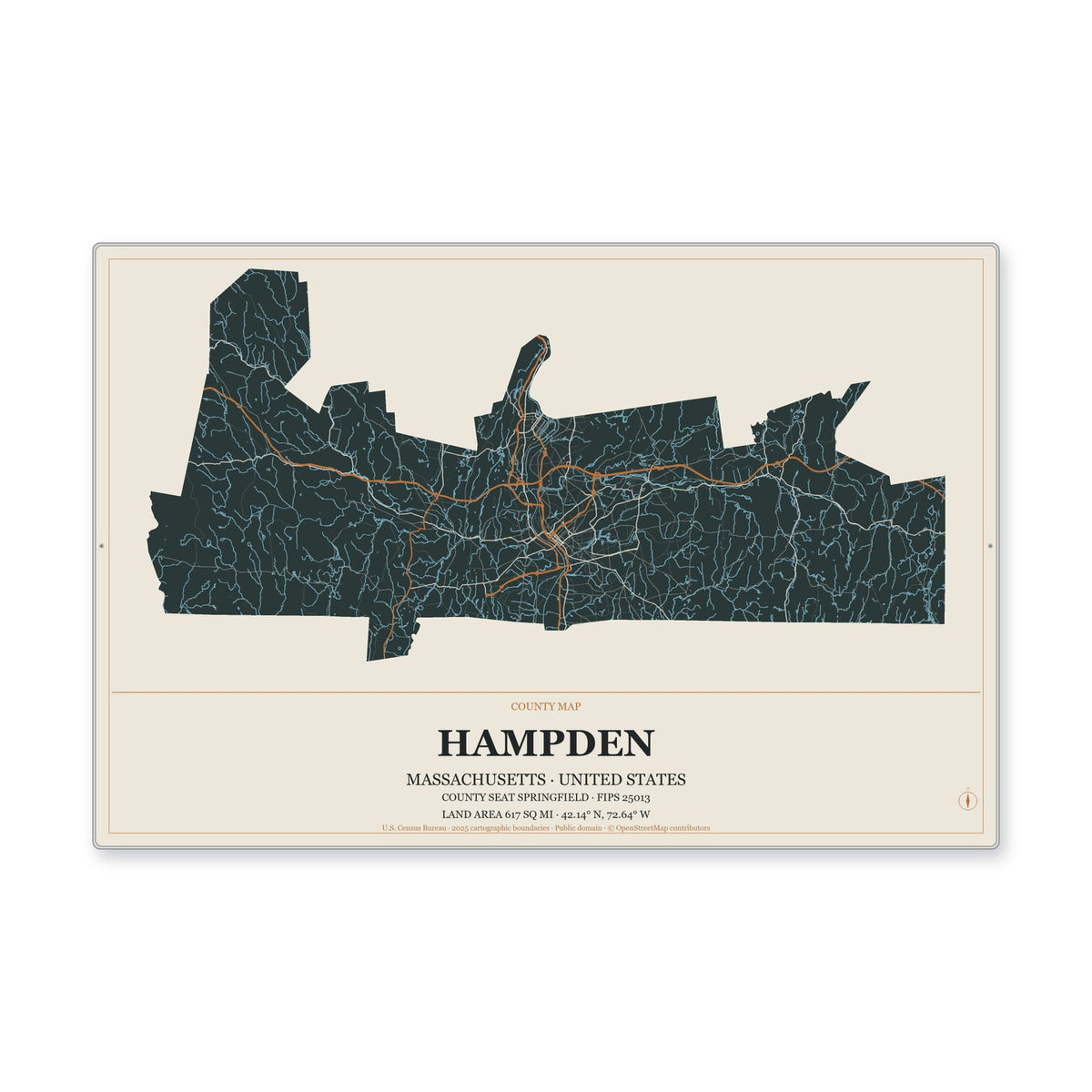 Hampden County, Massachusetts Map Aluminum Sign in Headline Atlas style