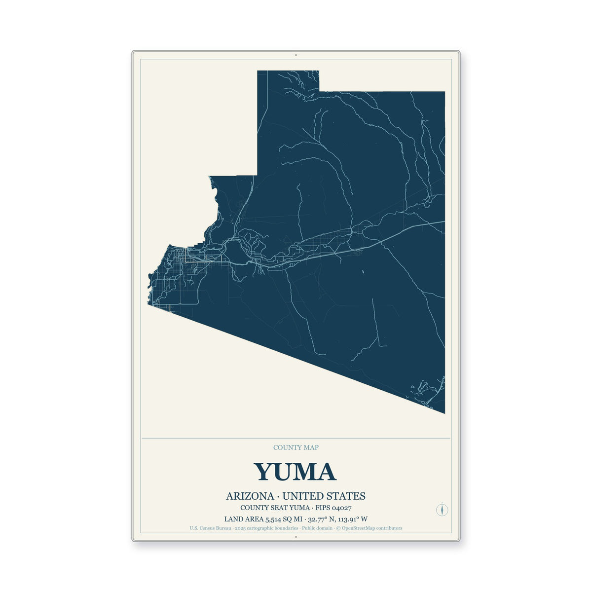 Yuma County, Arizona Map Aluminum Sign in Coastal Cutout style