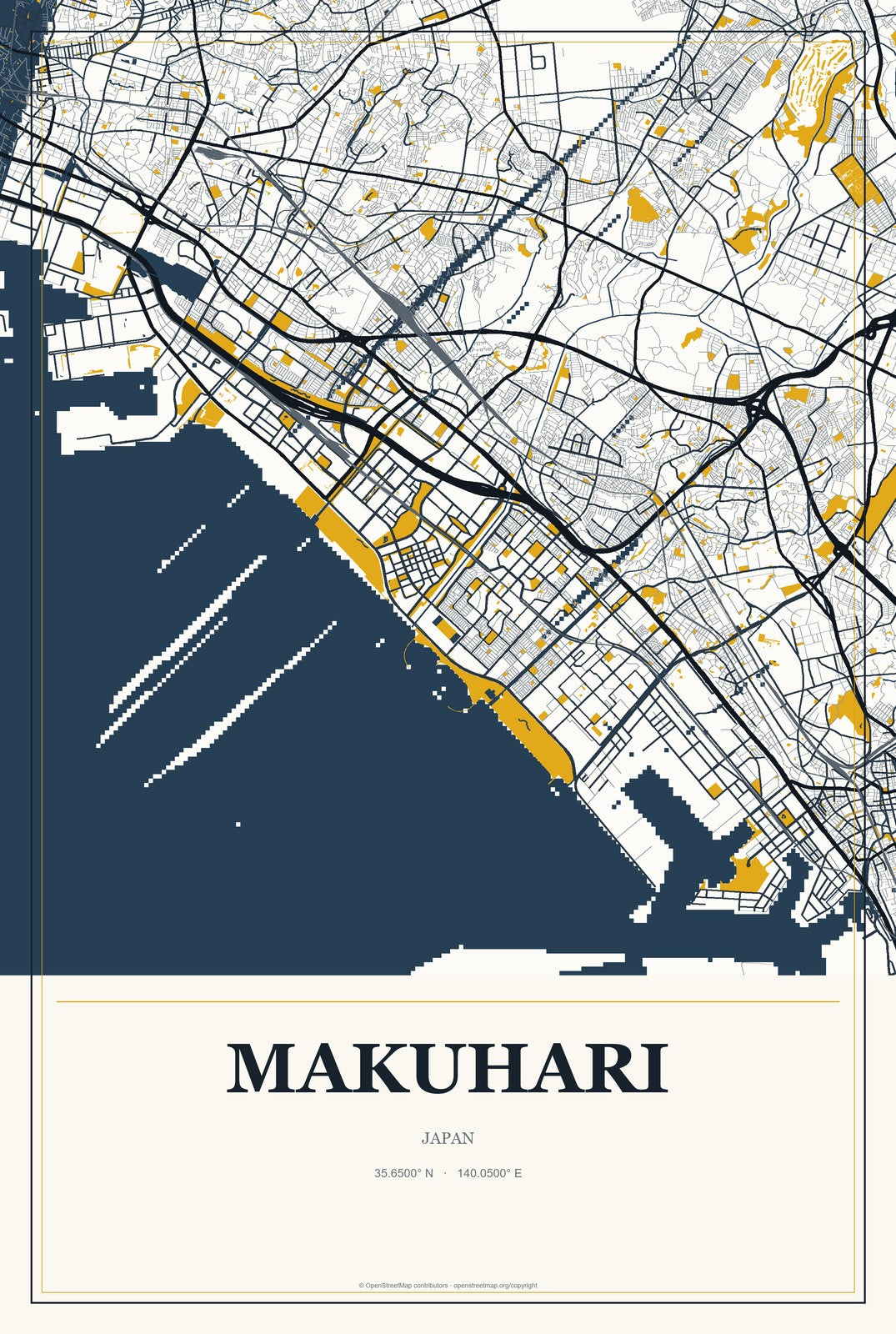 Makuhari, Japan City Map Aluminum Sign in Citrine Modern style