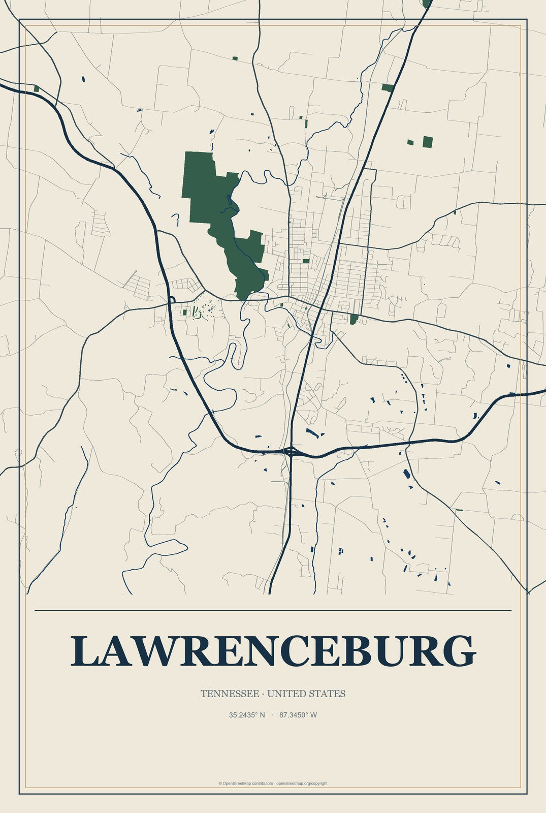 Lawrenceburg, Tennessee City Map Aluminum Sign in Coastal Cutout style