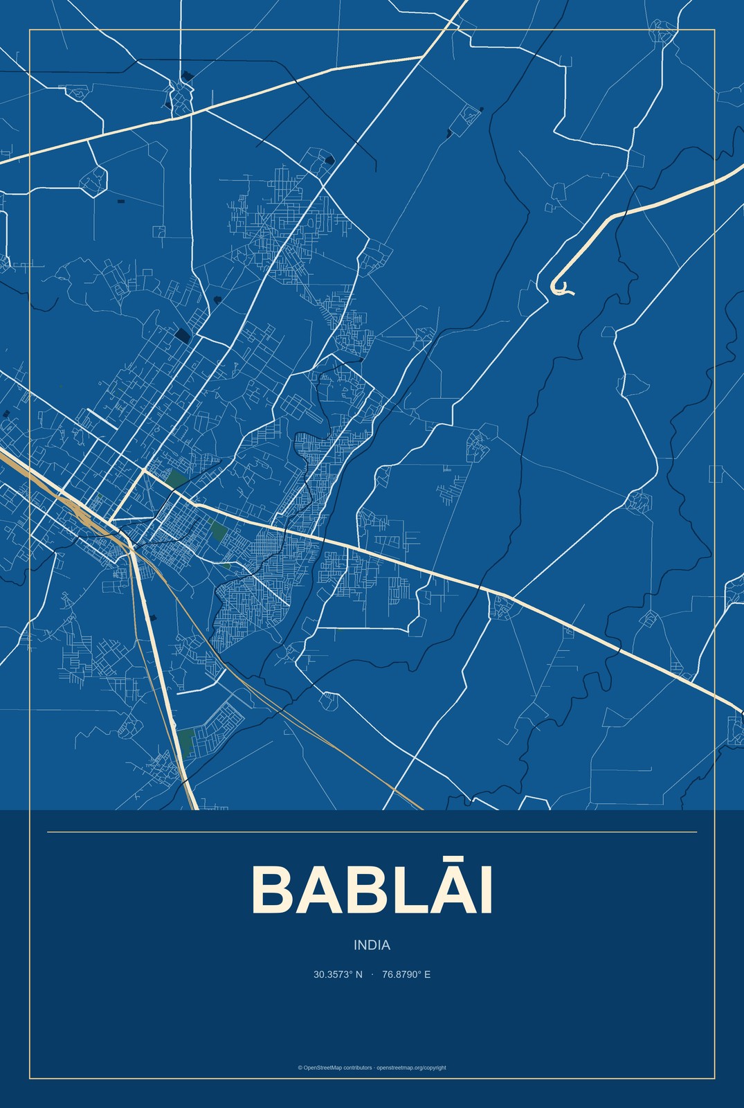 Bablāi, India City Map Aluminum Sign in Harbor Cobalt style