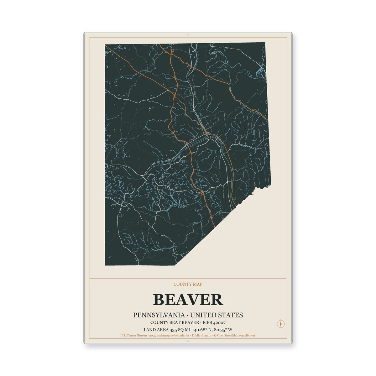 Beaver County, Pennsylvania Map Aluminum Sign in Headline Atlas style