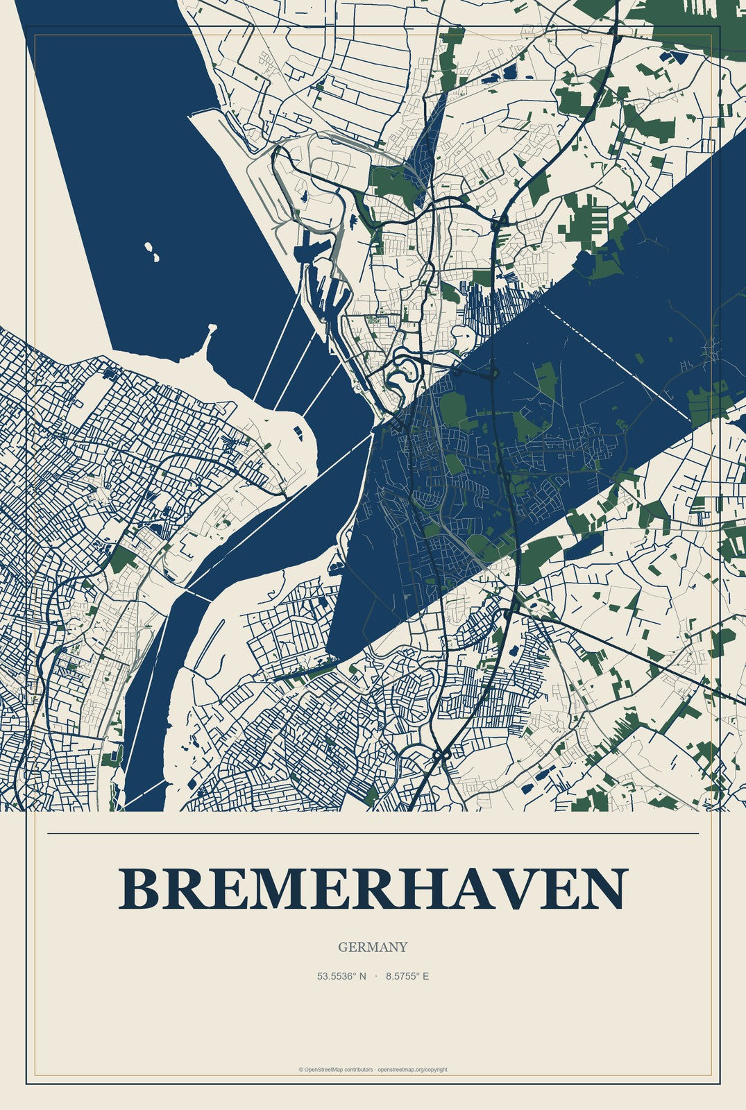 Bremerhaven, Germany City Map Aluminum Sign in Coastal Cutout style