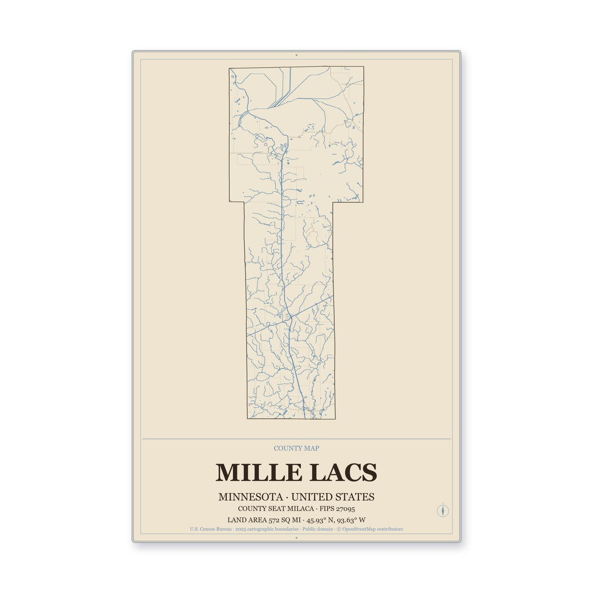 Mille Lacs County, Minnesota Map Aluminum Sign in Heritage Nautical style