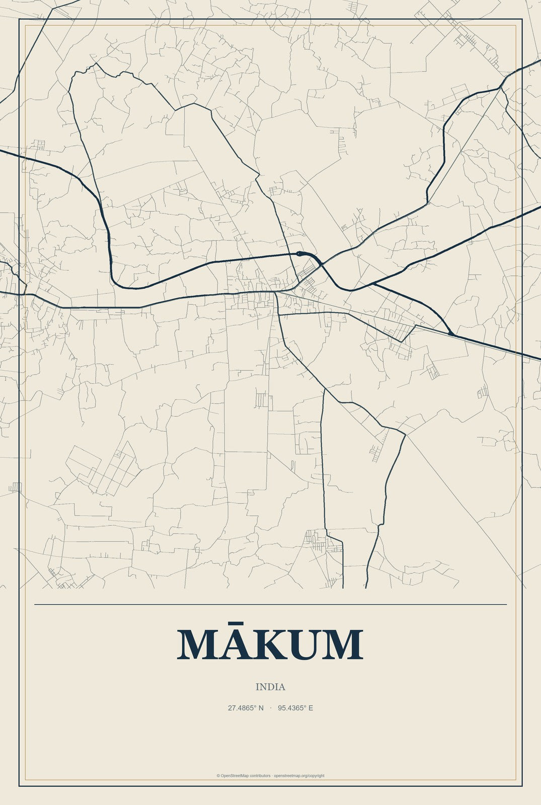 Mākum, India City Map Aluminum Sign in Coastal Cutout style