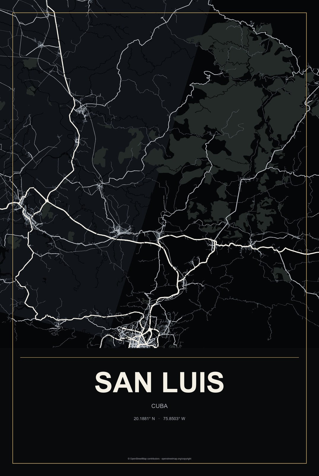 San Luis, Cuba City Map Aluminum Sign in Metropolitan Noir style