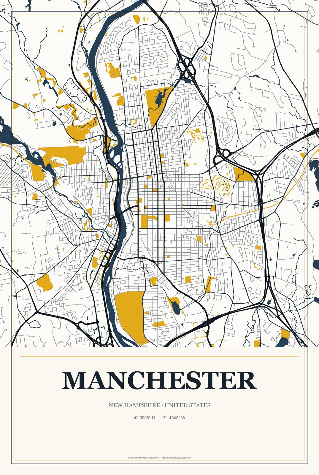 Manchester, New Hampshire City Map Aluminum Sign in Citrine Modern style