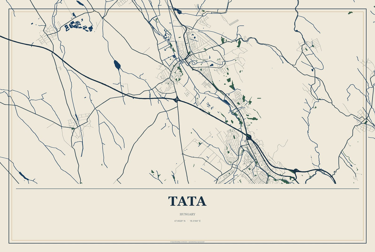Tata, Hungary City Map Aluminum Sign in Coastal Cutout style