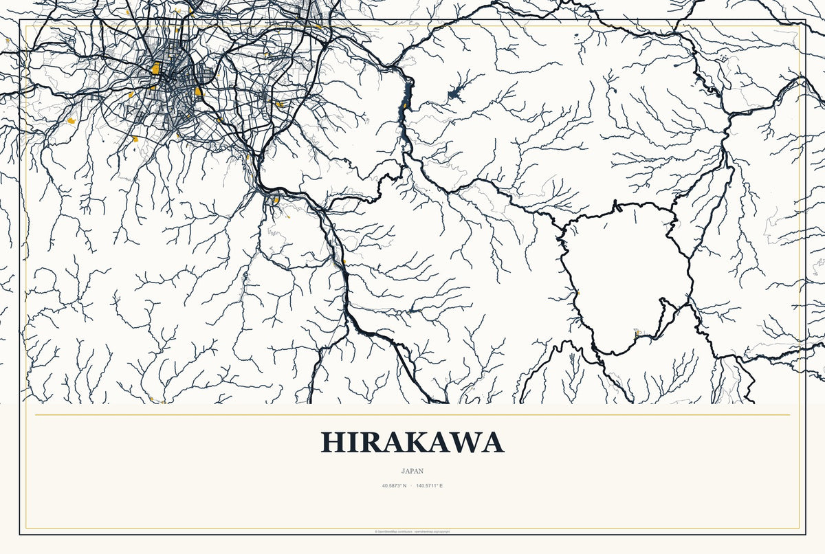 Hirakawa, Japan City Map Aluminum Sign in Citrine Modern style